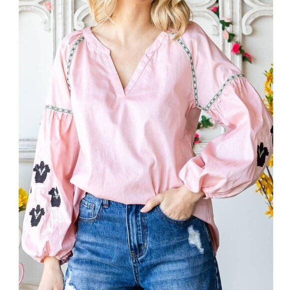 Band Collar Embroidered Puff Sleeve Peasant Blouse - Picture 1 of 11